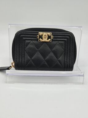 Chanel Boy Zip Around Coin Purse Wallet Lambskin Black